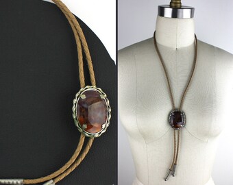 Maroon Red Orange & Blue Gray Set Stone Bolo Tie with Tan Braided Leather