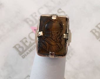 Lady's Art Deco 14k yellow gold Carved Tiger's Eye Roman Soldier Cameo Ring, size 3