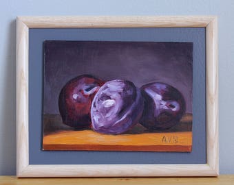 Three Plums Original Framed Oil Painting Still Life by Aleksey Vaynshteyn