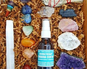 16 pcs Chakra Crystal Healing Kit! / Lot of Chakra tumbles, Amethyst Cluster, Raw stones, Sage, Meditation Spray + more. Gift Set!