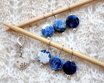 Knitting Stitch Markers - Sodalite gemstone round - snag free loops 12mm round blue removable silver bird set of 7 two loop sizes available