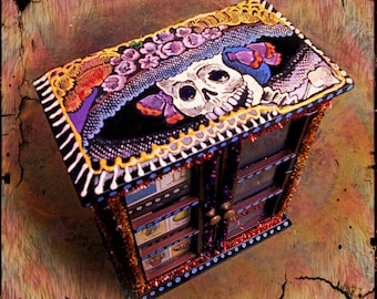 DAY of the DEAD Loteria Mexican-Inspired Folk Art Handpainted Jewelry Cabinet