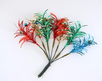 Vintage Christmas Package Tie On, Holiday Decorations, Tinsel Pick