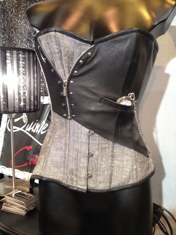 Corset Pour Femme En Cuir Noir Et Acier - 14 Baleines (dont 8 Spirales) - Fermeture à 3 Clips - Pour Affiner La Taille, Style Rétro - 4