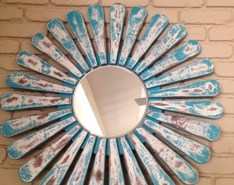 Turquiose Round Mirror Wood Frame 32" Handmade