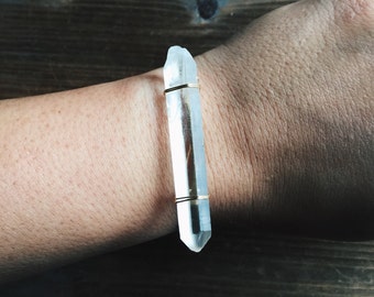 Quartz Gemstone Bangle Bracelet Handmade by Rana Salame in Indiana ooak Matte Brass Band Crystal Bracelet One Bracelet Crystal Cuff Quartz