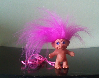 Vintage Troll Doll Necklace, Pink Hair, Bright Blue Eyes, Funky Jewelry, Unnamed Made in Korea