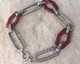 Vintage Estate Art Deco hallmarked Sterling Silver Carnelian Glass link bracelet