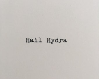 Marvel Quote (Hydra) Typed on Typewriter - 4x6 White Cardstock with Red Hydra Stamp