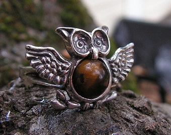Sterling Silver Owl Ring With Citrine Eyes