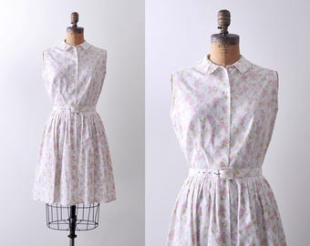 1950’s white cotton dress. small. shirtwaist. 50’s pleated dress. m. Pink purple floral print.