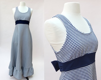 Vintage 70s Maxi Dress / Navy Blue White Dotted Maxi Ruffle Dress