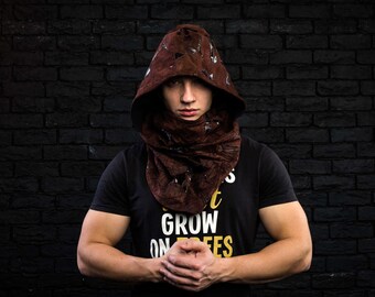 Men scarf /  steampunk scarf / men cowl / burning man hood / leather cowl / assasins creed hood / mens neckwarmer / scarf with hood men