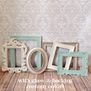 Mint PICTURE FRAMEs - gold - cream - shabby chic wedding - set of 6 -nursery - Glass & Backing