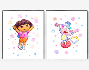 Dora the Explorer Print, Dora Poster, Monkey Print, Dora Watercolor, Dora Wall Decor, kids room decor, nursery print, Dora Birthday Party