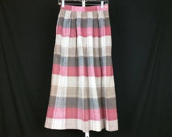 Vintage Skirt Pink Brown Gray White Plaid Midi Womens S 10 80s Andrew Harvey