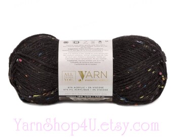 CHARCOAL TWEED. All Things You Essential Tweed Acrylic Yarn Worsted Dark Charcoal w/ multi color flecks. Same as Impeccable Charcoal Tweed <