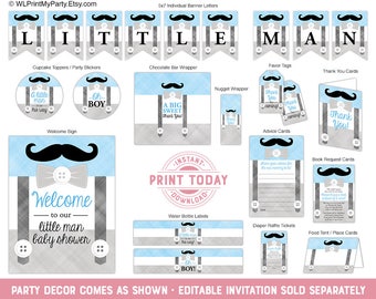 Mustache Baby Shower Decoration Boy, Blue and Gray, DIY Digital Party Decor, INSTANT DOWNLOAD - WLP00771