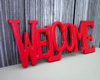 Welcome Plaque, Cast Iron, Bright Red, House Sign, Painted, Welcome Sign, Door Sign, Metal Welcome Sign, Indoor, Outdoor, Wall Decor