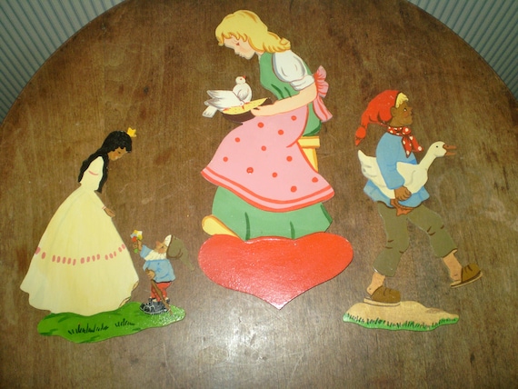 1930s Fairy tale wall plaques- hand made & hand painted Snow white, Goose boy, Cinderella- wall art- WWII era Germany-vintage wall plaques