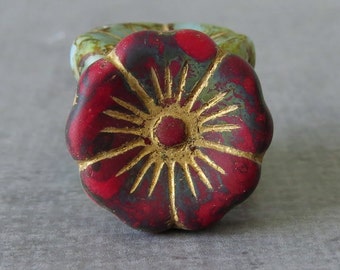 RED ONLY 22mm Czech Picasso Flower Bead : 4 pc Extra Large Czech Glass Flower