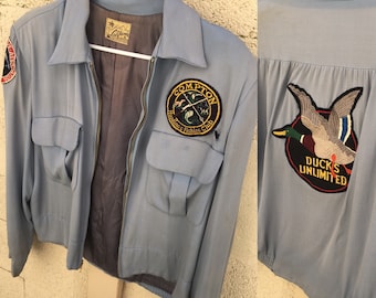 1950s Vintage Blue "Compton Hunting and Fishing" Jacket Satin Lining Made In California Embroidered Bomber