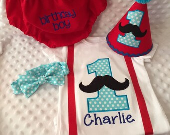 Boys Cake Smash Outfit - Mixed Patterns Mustache - Diaper Cover, Tie, Birthday Hat & Personalized Suspenders Shirt- Birthday Set