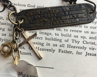 Vintage Assemblage Charm Necklace ID tag OOAK Recycled Jewelry