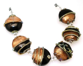 Black and Gold lampwork beads set of 6 lampwork beads SRA glass beads MTO, glass beads lampwork glass beads ,jewelry supplies