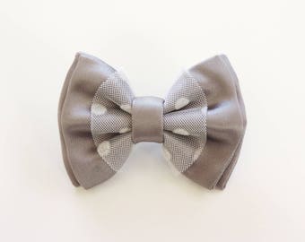 grey satin ribbon and white polka dot tulle brooch