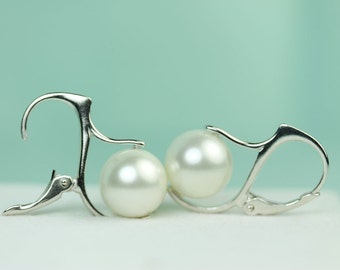 White Shell Pearl Lever Back earrings in sterling silver by art4ear gift under 50 dollars Wedding modern pearl earrings European leverback