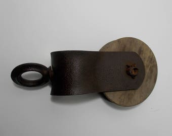 Cast iron and wood pulley antique barn pulley primitive decor, rustic decor, farmhouse, vintage farm tool, industrial, salvage barn pulley