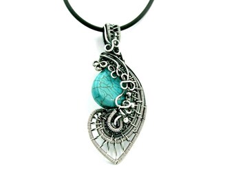 Wire wrapped pendant natural jewelry turquoise necklace, sterling silver heady wire wrap December birthstone, girl friend gemstone necklaces