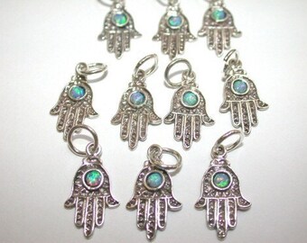 10 pieces Sterling Silver Hamsa Charms with Opal