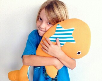 OOAK 100% Organic Cotton Stuffed Toy -- BIG Whale -- Orange with teal and white stripes, organic cotton inside & out