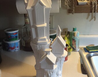 ceramic bisque tree stump and houses