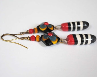 Long Striped Earrings, Dagger Earrings, Lampwork Bead Earrings, Ceramic Bead Earrings, Red Earrings, Floral Earrings, Boho Chic Jewelry