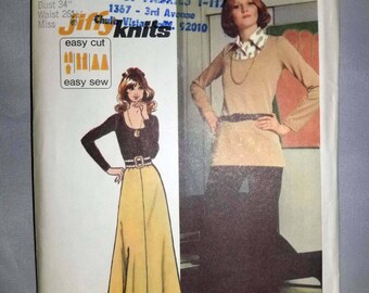 Vintage 1970s Pattern, UNCUT, Misses' Jiffy Knit Top Skirt and Pants, Simplicity 5306, Size 12, Bust 34, Waist 26.5