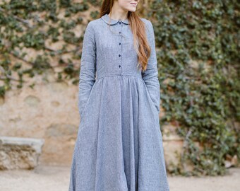 Linen Dress, Vintage Dress, Prairie Dress, Summer Midi Dress, Classic Dress, Simple Dress, Casual Dress / Classic dress LS Navy Frost
