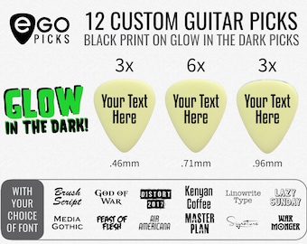 12 CUSTOM GUITAR PICKS - Black print on Glow-in-the-Dark Guitar Picks - Text only