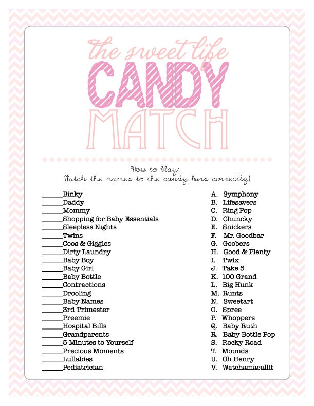 Baby Shower Game Sheet for The Sweet Life Candy Match Print Baby Shower Game Sheet for The Sweet Life Candy Match Print