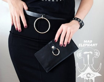 Black genuine leather wallet with harness O ring real leather money purse
