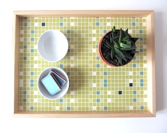 Wooden tray mosaic background. gift idea