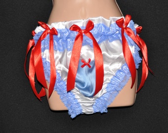 Red, white & blue silky satin femme panties....wonderful silky flouncy panties for the crossdresser, Sissy Lingerie, panties for men