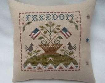 Patriotic Freedom Primitive Cross Stitch Mini Pillow July 4, Independence Day Shelf Pillow