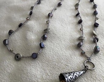 Gray Freshwater pearls with lime green/silver pendant