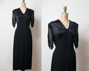1940s Satin Dress / 40s Black Lace Dress