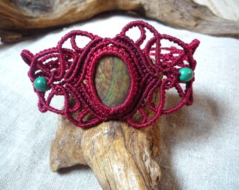 red macrame bracelet with chrysocolle stone