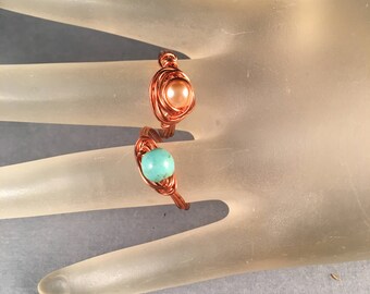 BOGO Copper and Pink Pearl Ring & Copper and Turquoise Ring, Two Wire Wrapped Rings Size 7.25, One of a Kind Previously 30 Dollars ON SALE