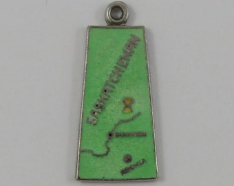 Map of Saskatchewan With Green Enamel Sterling Silver Vintage Charm For Bracelet
